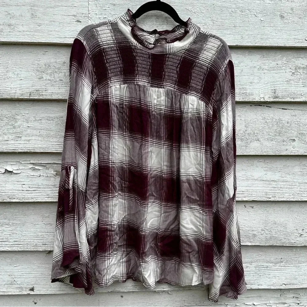 Lane Bryant blouse deep plum and cream plaid size 22 90’s grunge Y2K plus size